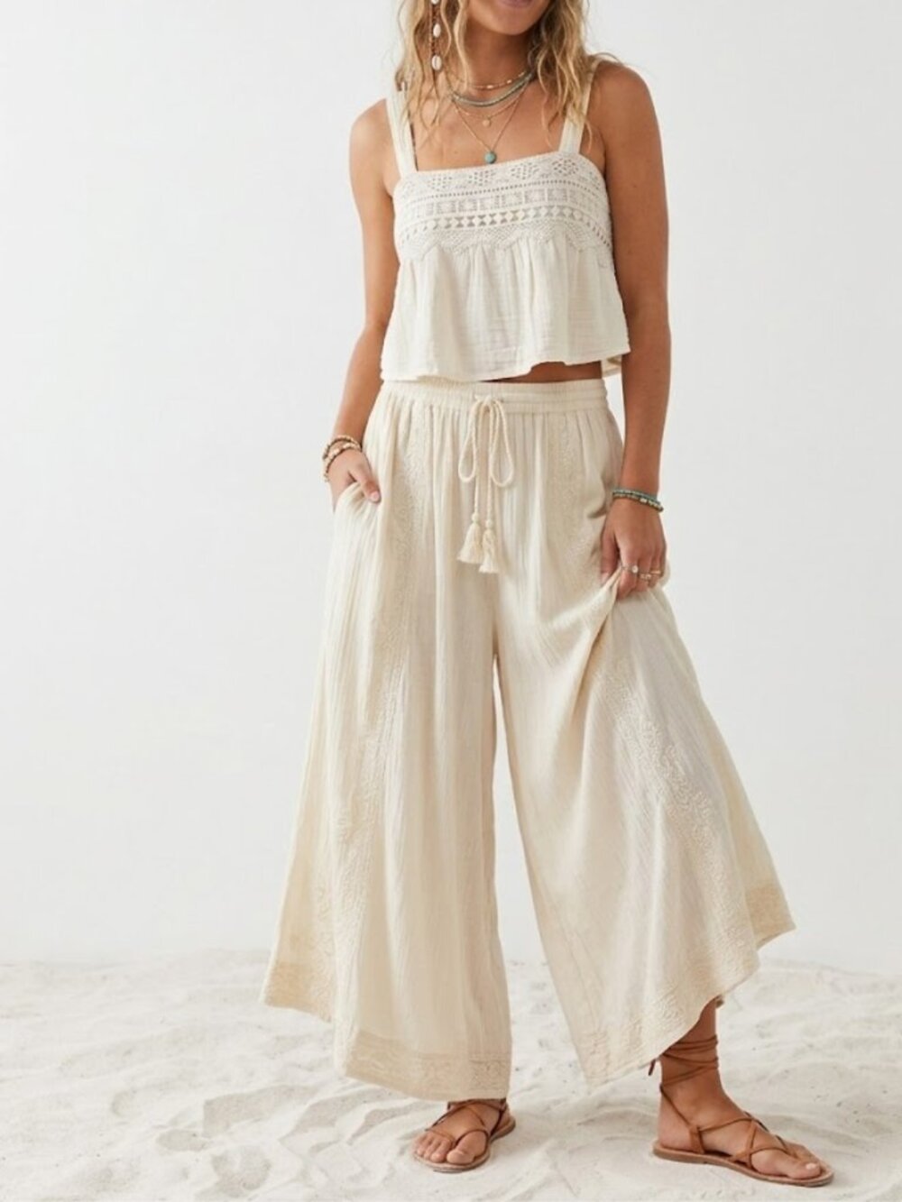 JAPNA Boho Crochet Lace Trim Cropped Tank Top Dainty Boho Summer Festival Sz S